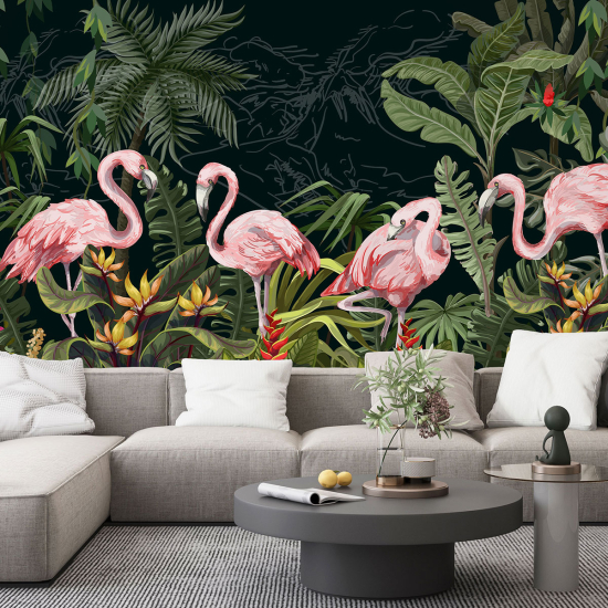 Papier peint - Flamant rose Fleurs - 1015