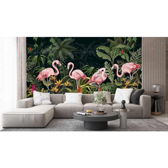 Papier peint - Flamant rose Fleurs - 1015