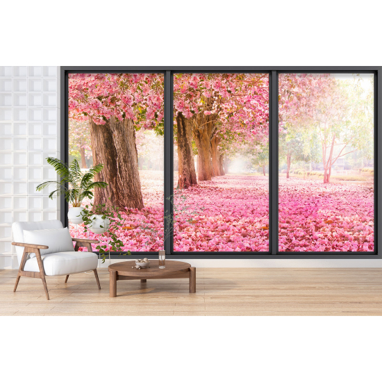 Papier peint panoramique Trompe l'œil baie vitrée - Arbres fleurs roses - 287