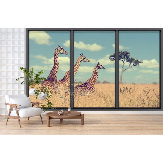 Papier peint panoramique Trompe l'œil baie vitrée - Girafes