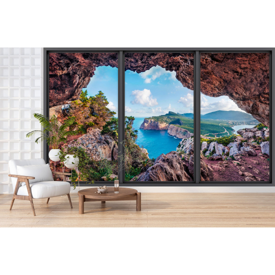 Papier peint panoramique Trompe l'œil baie vitrée - Grotte vue mer