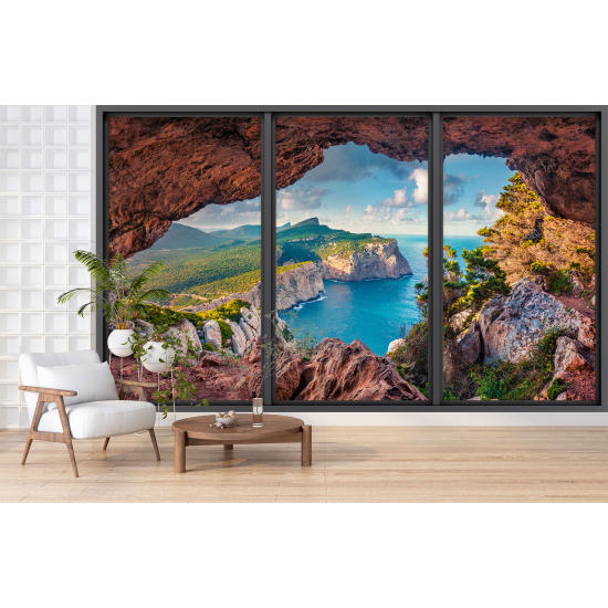 Papier peint panoramique Trompe l'œil baie vitrée - Grotte vue mer