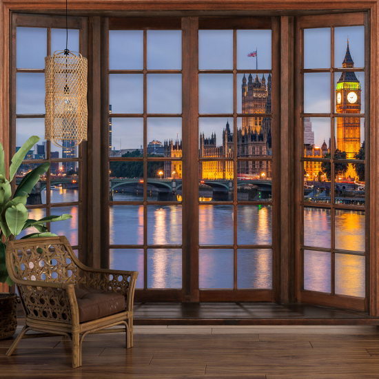 Papier peint panoramique Trompe l'œil Fenêtre en bois - Londres