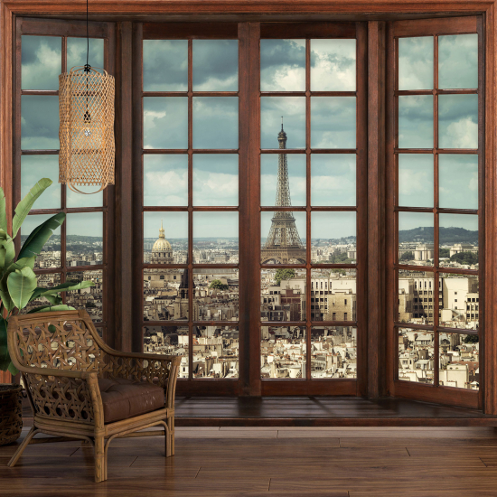 Papier peint panoramique Trompe l'œil Fenêtre en bois - Paris tour eiffel