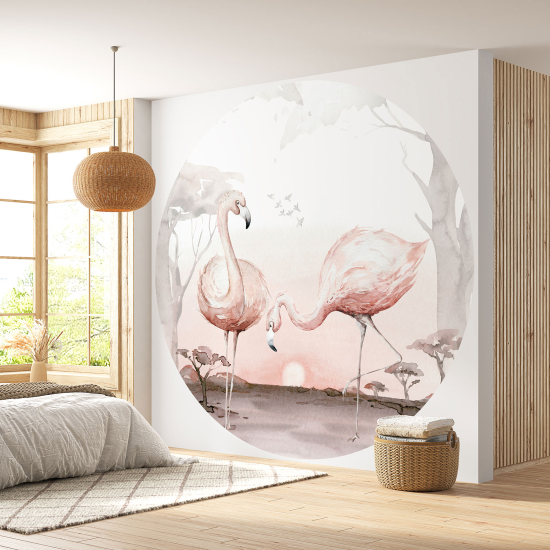 Papier peint rond / cercle - Flamants Roses