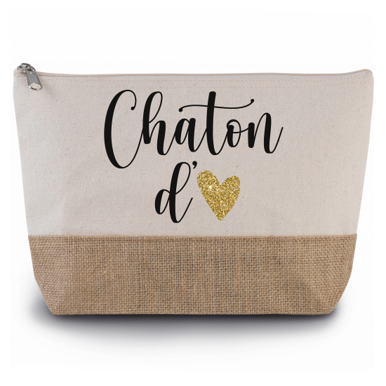 Pochette en toiles de coton et jute - Chaton d'amour