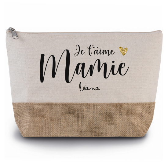 Pochette en toiles de coton et jute - Je t'aime mamie Prénom