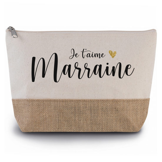 Pochette en toiles de coton et jute - Je t'aime marraine