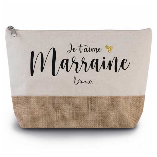 Pochette en toiles de coton et jute - Je t'aime marraine Prénom