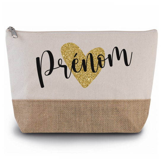 Pochette en toiles de coton et jute - Prénom coeur