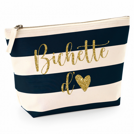 Pochette Nautical a rayures bleues foncées avec Écriture OR Pailletée - Bichette d'amour