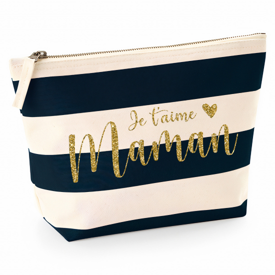 Pochette Nautical a rayures bleues foncées avec Écriture OR Pailletée - Je t'aime maman