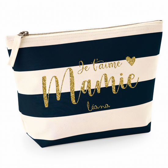 Pochette Nautical a rayures bleues foncées avec Écriture OR Pailletée - Je t'aime mamie Prénom