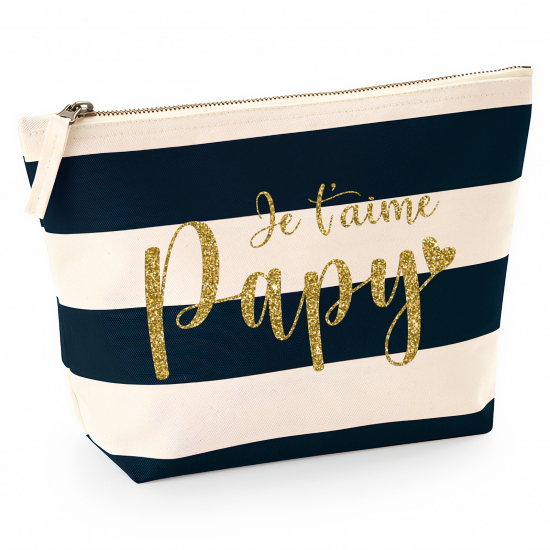 Pochette Nautical a rayures bleues foncées avec Écriture OR Pailletée - Je t'aime papy