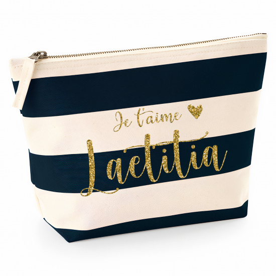 Pochette Nautical a rayures bleues foncées avec Écriture OR Pailletée - Je t'aime Prénom