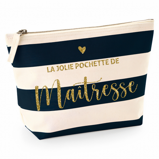 Pochette Nautical a rayures bleues foncées avec Écriture OR Pailletée - La jolie pochette de maîtresse