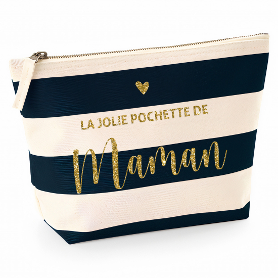 Pochette Nautical a rayures bleues foncées avec Écriture OR Pailletée - La jolie pochette de maman