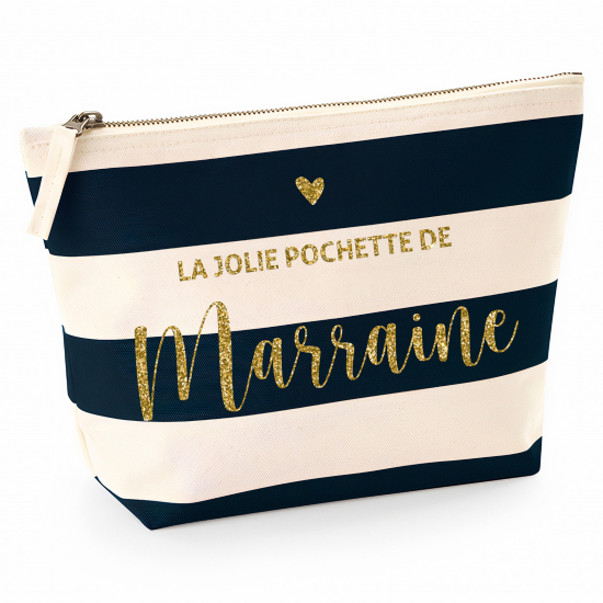 Pochette Nautical a rayures bleues foncées avec Écriture OR Pailletée - La jolie pochette de marraine