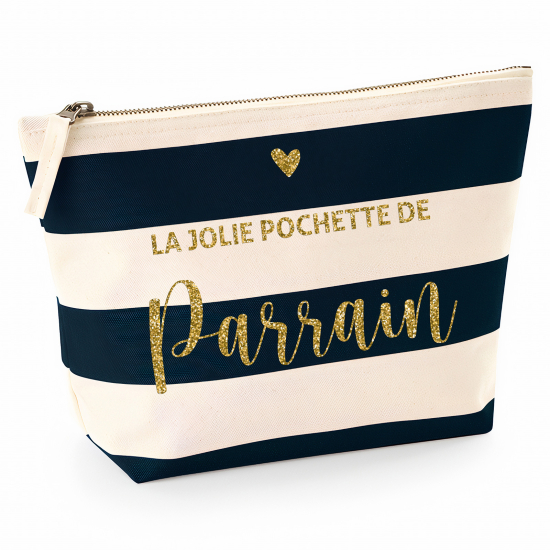 Pochette Nautical a rayures bleues foncées avec Écriture OR Pailletée - La jolie pochette de parrain