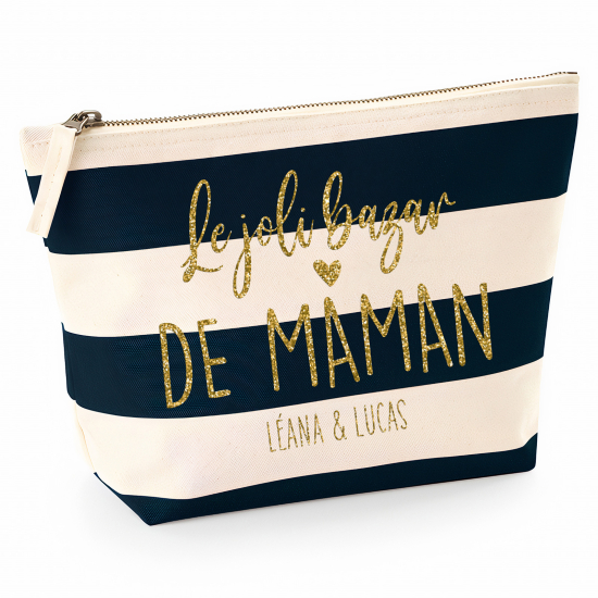 Pochette Nautical a rayures bleues foncées avec Écriture OR Pailletée - Le joli bazar de maman Prénoms