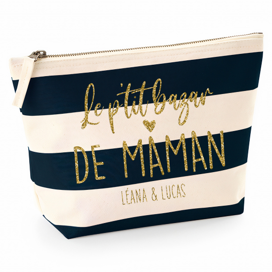 Pochette Nautical a rayures bleues foncées avec Écriture OR Pailletée - Le p'tit bazar de maman Prénoms