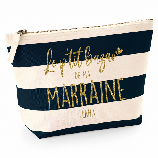 Pochette Nautical a rayures bleues foncées avec Écriture OR Pailletée - Le ptit bazar de ma marraine Prénom