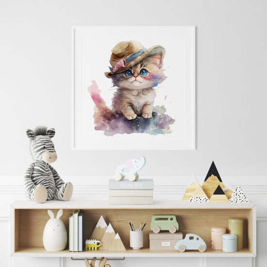 Poster / Affiche carrée Enfants - Chaton avec chapeau