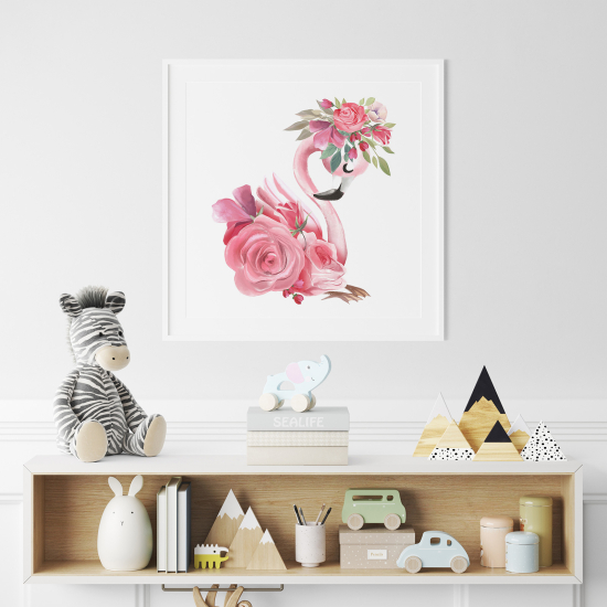 Poster / Affiche carrée Enfants - Flamant Rose fleurs