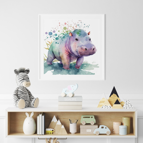 Poster / Affiche carrée Enfants - Hippopotame coloré