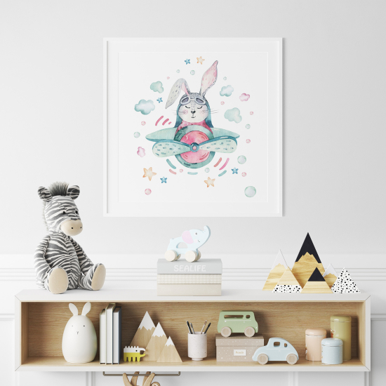 Poster / Affiche carrée Enfants - Lapin Avion