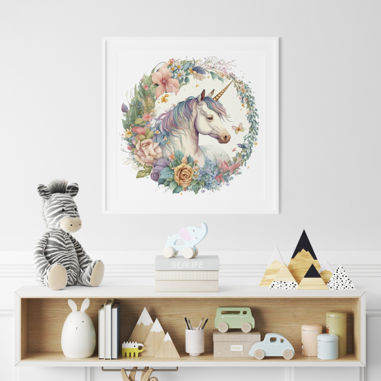 Poster / Affiche carrée Enfants - Licorne fleurs