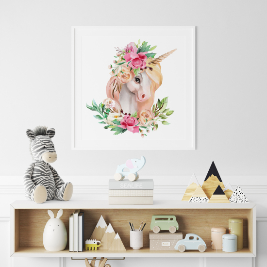 Poster / Affiche carrée Enfants - Licorne fleurs