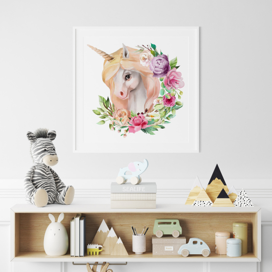 Poster / Affiche carrée Enfants - Licorne fleurs