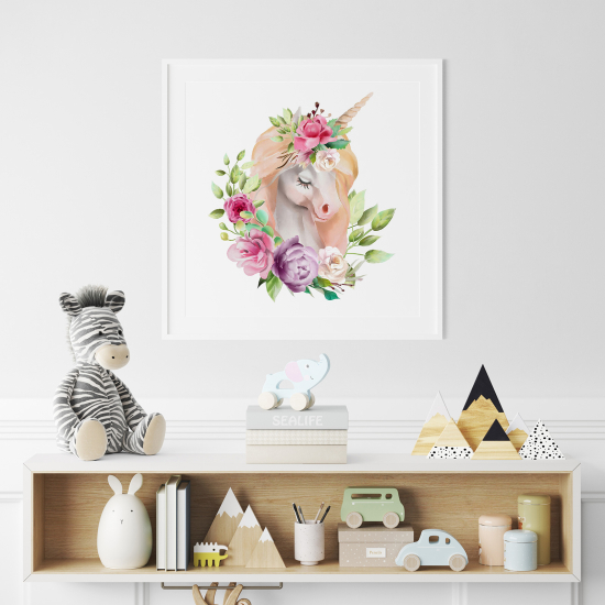 Poster / Affiche carrée Enfants - Licorne fleurs