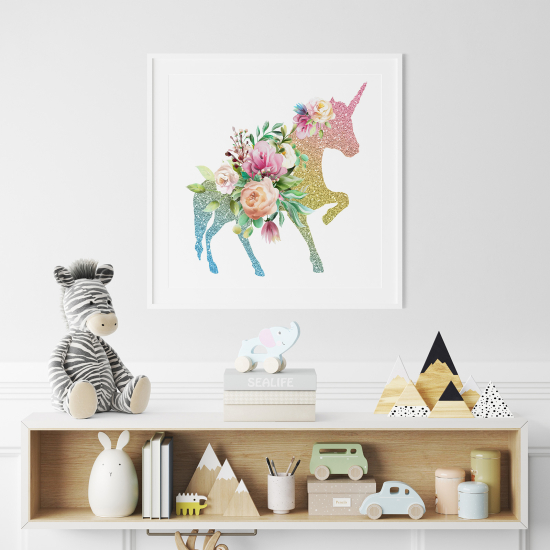 Poster / Affiche carrée Enfants - Licorne Floral