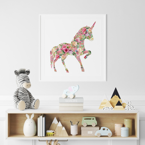 Poster / Affiche carrée Enfants - Licorne Floral