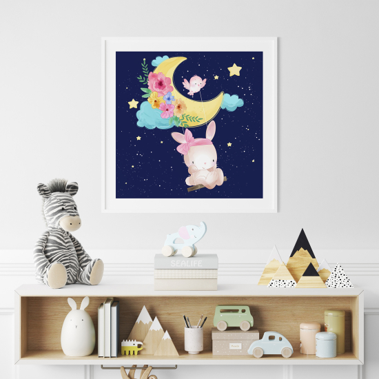 Poster / Affiche carrée Enfants - Mignon Lapin Lune