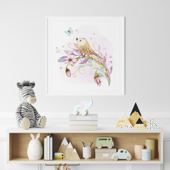 Poster / Affiche carrée Enfants - Oiseau Fleurs