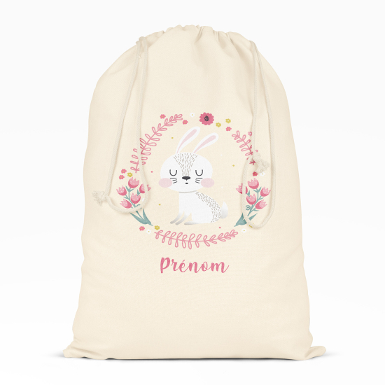 Sac à ficelles - Lapine blanche fleurs