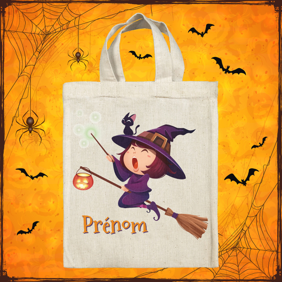 Sac tote bag d'Halloween personnalisé - Sorcière sur son balai