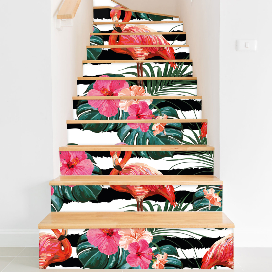 Stickers contremarches escalier - Flamants roses tropical