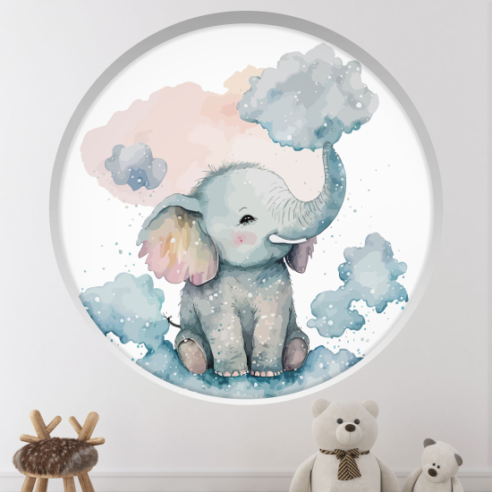 Stickers Trompe l'œil Arche ronde Enfants - Éléphant dans les nuages