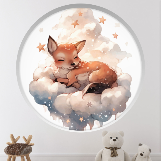 Stickers Trompe l'œil Arche ronde Enfants - Faon dans les nuages