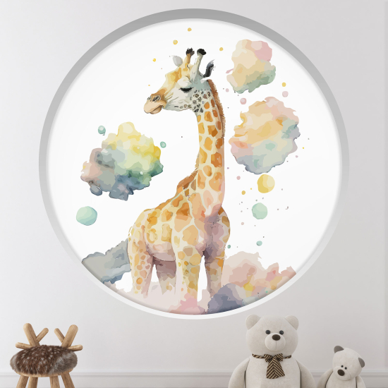 Stickers Trompe l'œil Arche ronde Enfants - Girafe dans les nuages