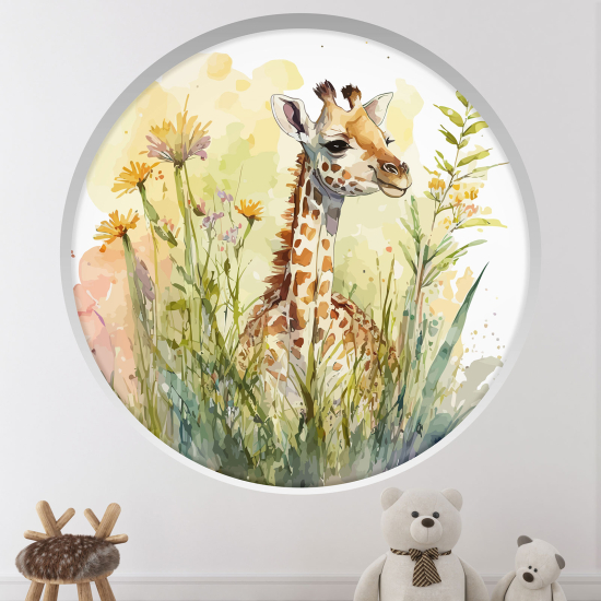 Stickers Trompe l'œil Arche ronde Enfants - Girafe fleurs