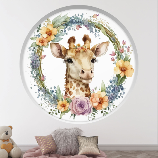 Stickers Trompe l'œil Arche ronde Enfants - Girafe floral