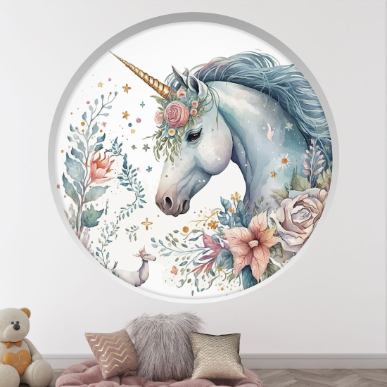 Stickers Trompe l'œil Arche ronde Enfants - Licorne fleurs