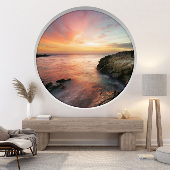 Stickers Trompe l'œil Arche ronde - Vue mer couché de soleil