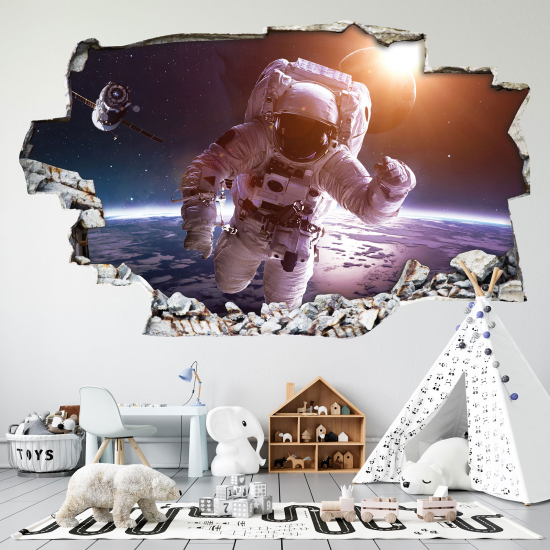 Stickers Trompe l'oeil trou dans le mur - Astronaute