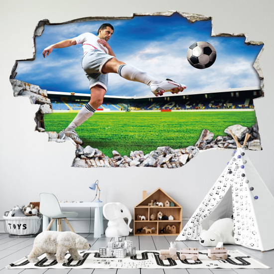 Stickers Trompe l'oeil trou dans le mur - Footballeur